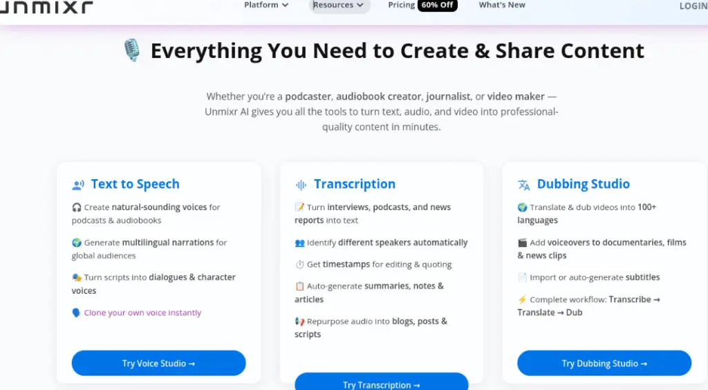 Unmixr AI is an all-in-one tool for text-to-speech, speech-to-text, and video dubbing — fast, accurate, and perfect for creators and marketers.